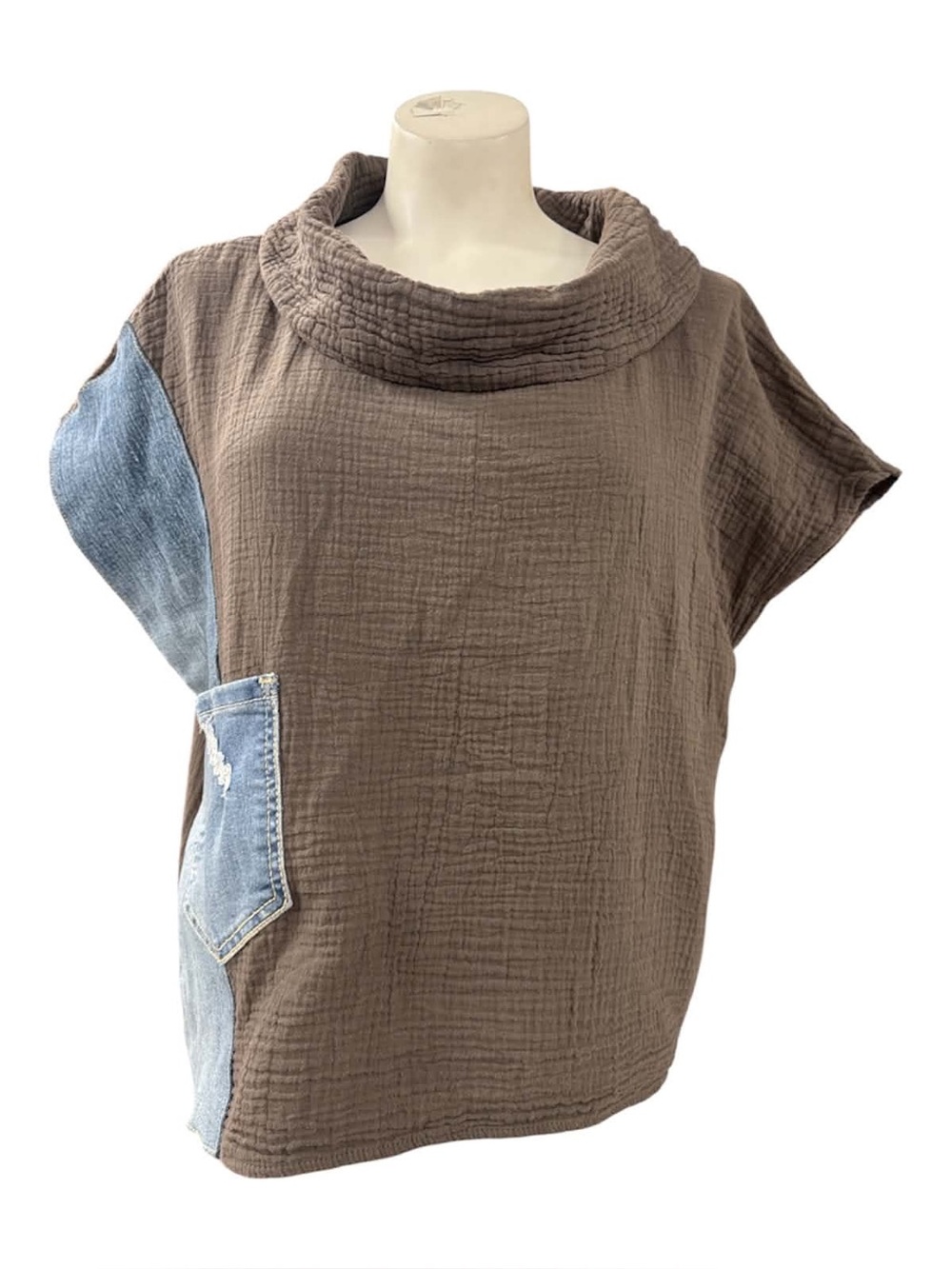 Shannon Passero Relaxed Brown Cotton Gauze Tunic with Denim Accent Size S